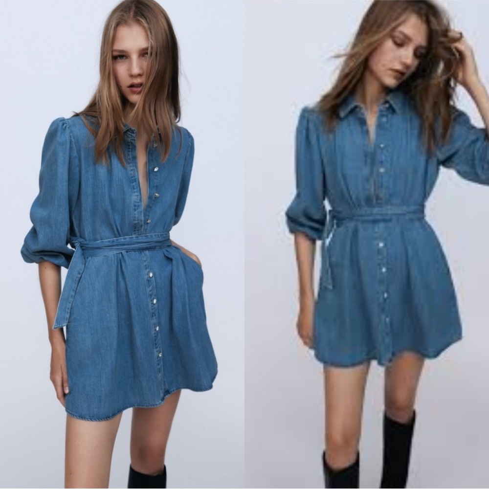 Zara Blue Denim Button-Front Mini Dress with Waist Tie